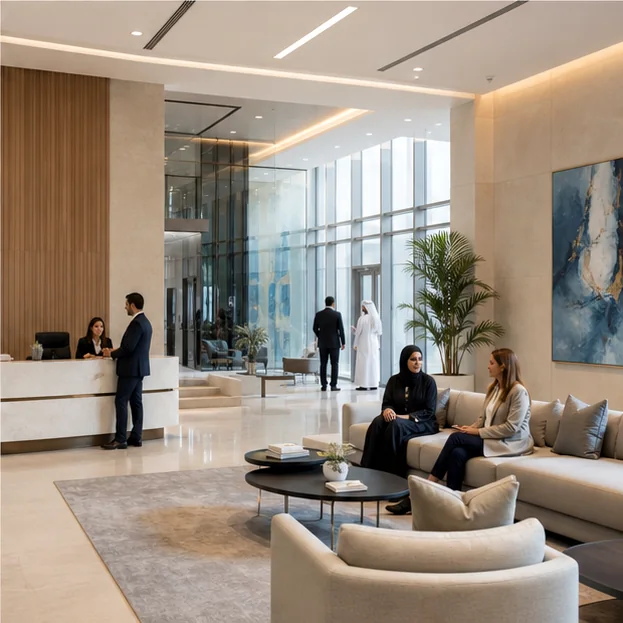 Modern educational institution reception and meeting environment